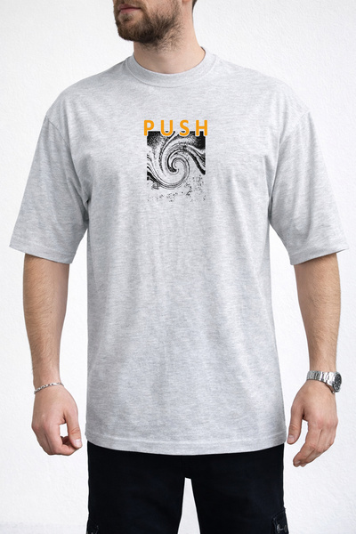 caddekombin Men's Vortex Patterned Push Text Printed Crew Neck Gray T-Shirt