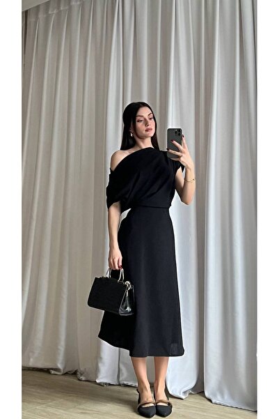 İZYA Kadın Tek Omuz Drapeli Midi Elbise – Şık, Zarif ve Davet Gece Elbisesi