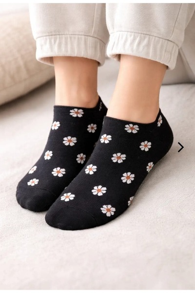 EfemİcGiyim Black Color Floral Patterned 12 Pairs of Booties Socks