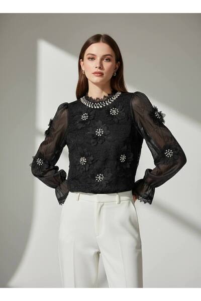 Rabiossa Kadın Kristal Yaka Detaylı 3D Çiçekli Dantel Bluz