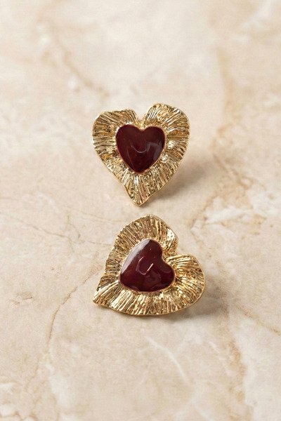 AURRARİ Gold Burgundy Enamel and Striped Heart Earrings