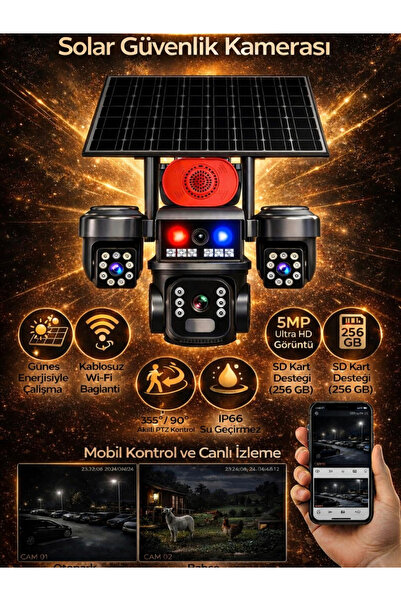 Bagajon Harvox Solar Güneş Enerjili İnsan Takibi 15MP 3 Lens 4G Akıllı Kamera...
