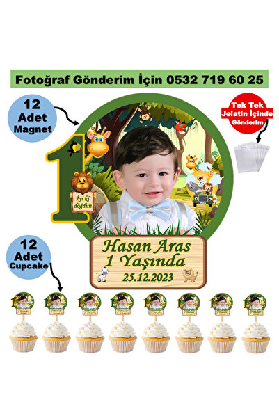 Elara Tasarım Safari 1 Yaş 12 Adet Fotoğraflı Kişiye özel Doğum Günü Magnet 1...