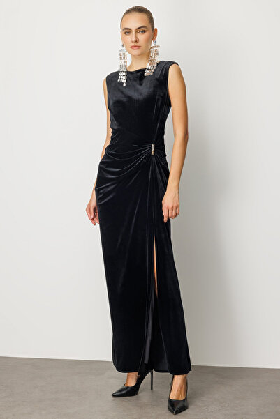 Ekol Beli Büzgülü Maxi Kadife Elbise 4141