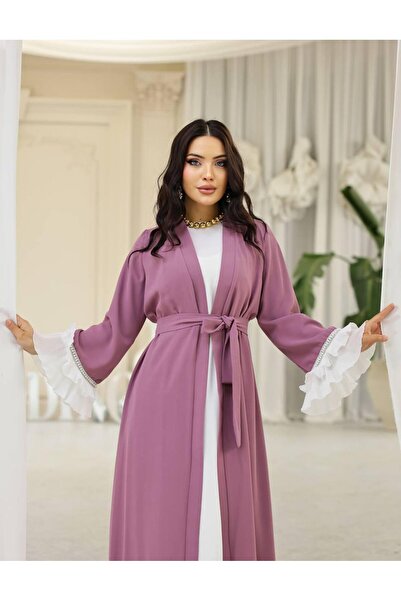 Dadali فستان طويل بأكمام مزينة بالكشكشة وحزام - لون وردي باهت