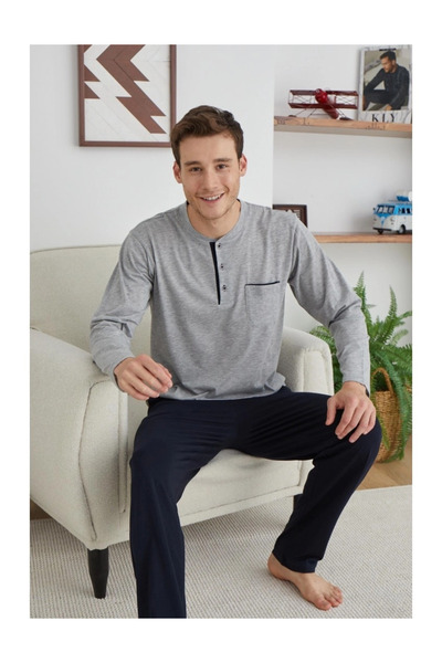 KLY Σετ ανδρικών πιτζάμες Midi Collar Battal 9111