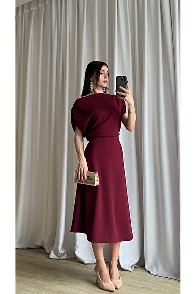 İZYA Rochie midi drapată cu un singur umăr pentru femei – Rochie de seară șic...