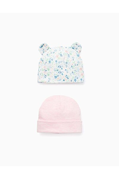 Ziddy Pack of 2 Beanies Plain/Floral for Newborn Girls, Multicolour