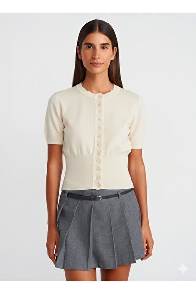 Dilvin 60279 Crew Neck Buttoned Knitwear Cardigan-Cream