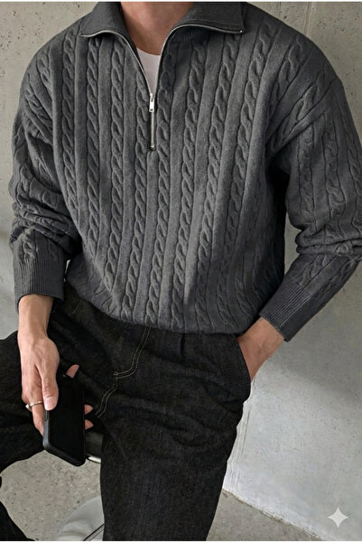 Tarz Cool Чоловічий светр з напівзастібкою та плетеним візерунком