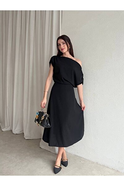 GİZONLY Kadın Tek Omuz Drapeli Midi Elbise – Şık, Zarif ve Davet Gece Elbisesi