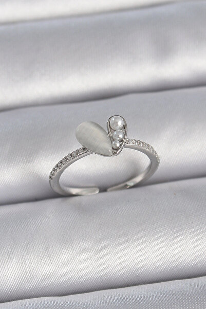 shopwave خاتم نسائي من النحاس الفضي اللون قابل للتعديل مع حجر الزركون واللؤلؤ...