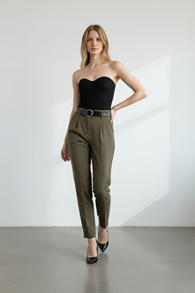 Vireo Club Women's Khaki Belted Basic Woven Trousers