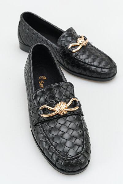 SENASTİL حذاء باليه نسائي يومي أنيق بنعل مسطح ونسيج محبوك وإبزيم ذهبي