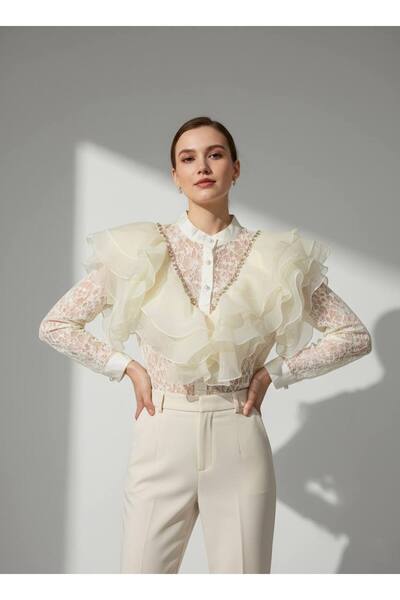 Rabiossa Kadın V Yaka Volanlı Dantel Gömlek