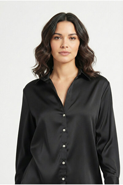 Qu Style Long Sleeve Buttoned Satin Shirt