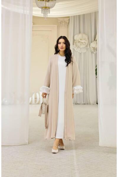 Dadali فستان طويل من فرو المنك مع أكمام مزينة بالكشكشة وحزام