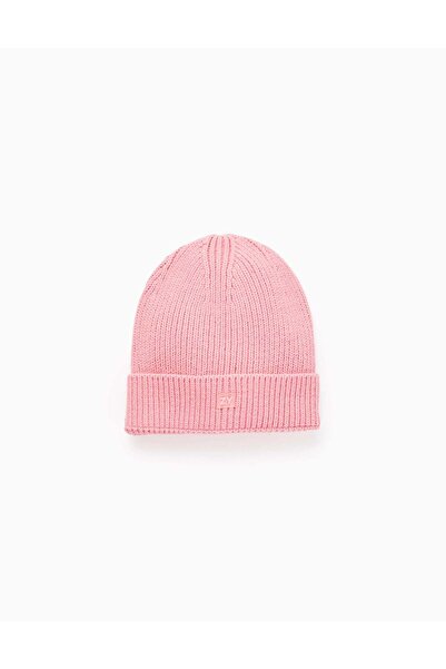 Ziddy Ribbed Beanie with Fold for Girls, Pink