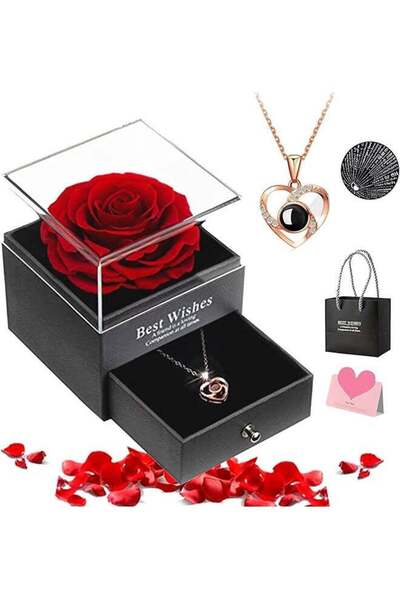 RATSAW Preserved Flowers Gift Box Set Forever Red Rose with Necklace for Mom ...