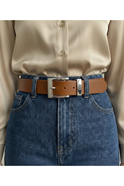 NEW JOURNAL Γυναικείο Καφέ Τετράγωνο Ασημί Με αγκράφα Τεχνητό δέρμα Ζώνη BE3014