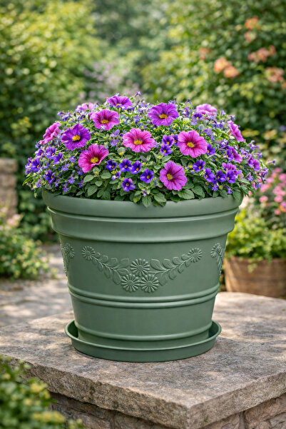 Melkan Home Papatya Desenli Dekoratif Yeşil Saksı 7,3 Litre Dayanıklı Çiçek S...