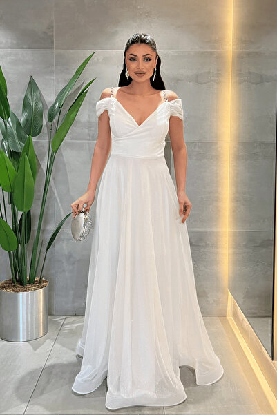 giyimmasalı Сукня з блискучою тканиною та човниковим коміром - БІЛА