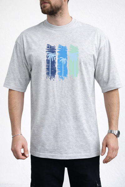 caddekombin Men's Three Block Palm Print Crew Neck Gray T-Shirt