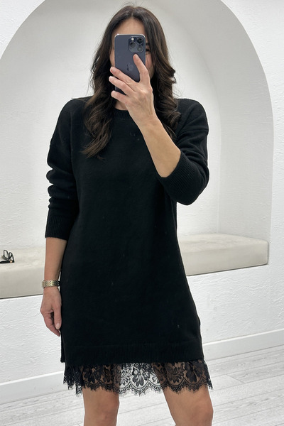 Act Pepicino Kids&Boutique Siyah Etek Ucu Dantelli Triko Elbise 251008