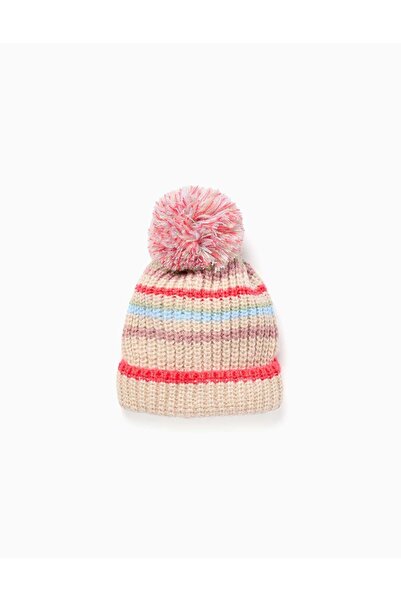 Ziddy Knitted beanie with jacquard and pompom for girls, multicolour