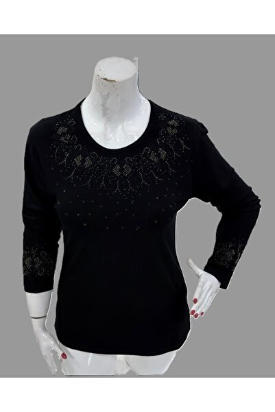 Gündoğan Πολυτελής πλεκτή μπλούζα μακρυμάνικη με κεντημένες πέτρες και τριφύλλια