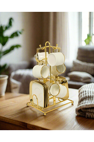 REDTAG طقم فنجان وصحن أبيض وذهبي مع حامل (13 قطعة)