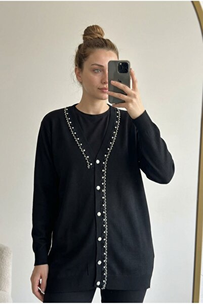 Kirazca Butik Women's Mercerized Knitwear Stone Embroidered Buttoned Cardigan