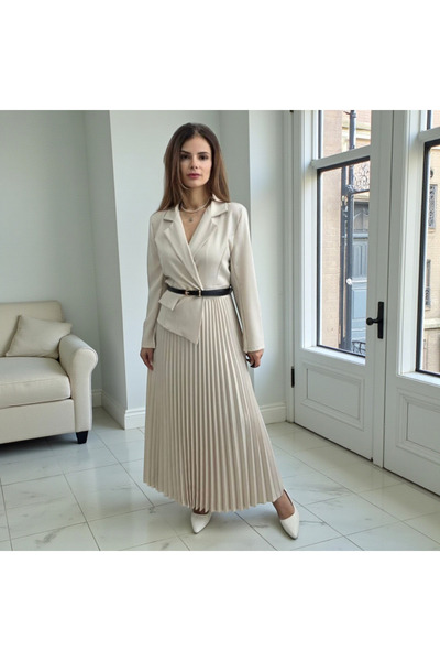 GLAMSI Pleated office dress with jacket and belt