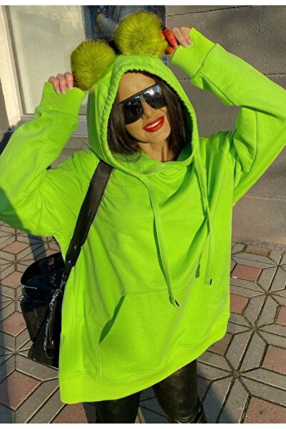 Nobrand Women's oversized neon green sweatshirt with hood and decorative pomp...