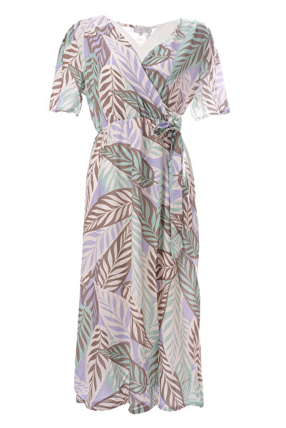 Canel V-Neck Midi Chiffon Dress - Bohemian Style Leaf Pattern