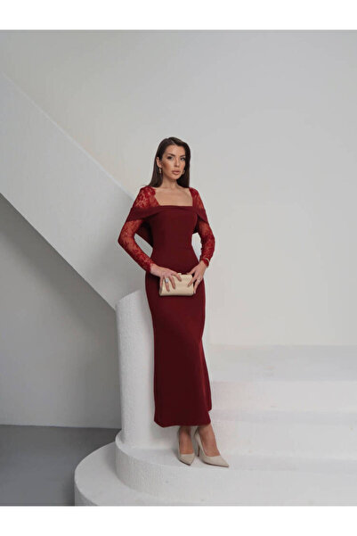 MAXMOOR SANDRİNE Tül Kol Maxi Elbise 1309 - Bordo