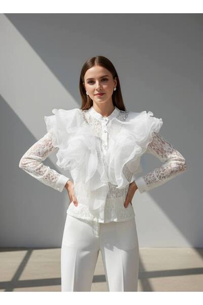 Rabiossa Kadın V Yaka Volanlı Dantel Gömlek