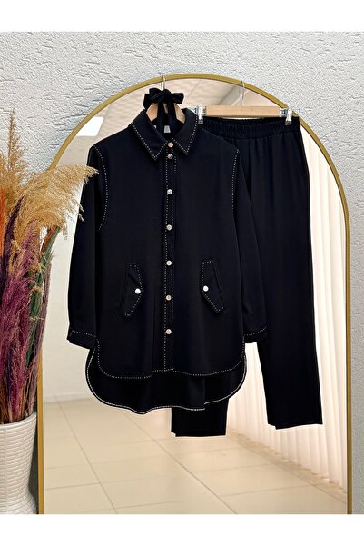 MİHRA STORE Bala Metal Buttoned Double Pocket Almond Stitched Trousers Suit-Ş...
