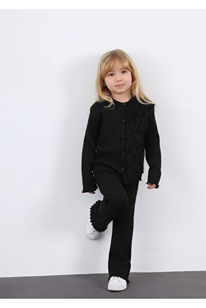 Aden Kız Çocuk Tül Gül Aplikeli Triko Hırka İkili Takım