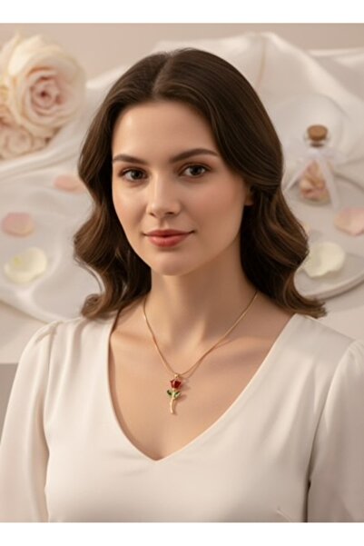 She Combines Gold Plated Red Enamel Rose Necklace - Elegant Women's Necklace ...