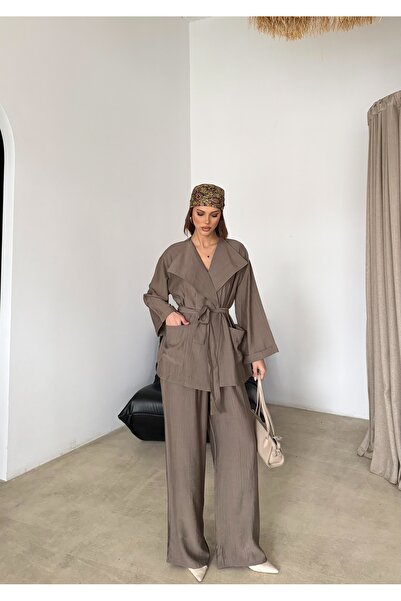 MODAMERSİ Women's Mink Oversize Double-Breasted Belted Top and Bottom Set