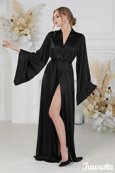 Juwana Black Luxury Long Satin Belted Women's Dressing Gown Model