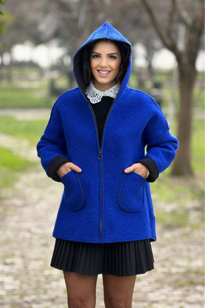 Nevin Kaya Moda Синій однотонний фетровий пальто