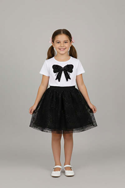FATELLA Girl's Black Tulle Skirt and White T-Shirt with Black Ribbon Embroide...