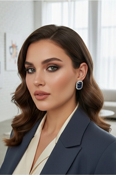 Happyline Lacivert Taşlı Büyük Küpe Choker Tasma Gümüş Kaplama Kına Küpe Abiy...