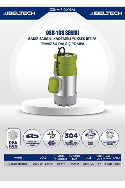 İBELTECH BAKIR SARGILI ÇOK KADEMELİ YÜKSEK İRTİFA 1.5 HP TEMİZ SU DALGIÇ POMP...