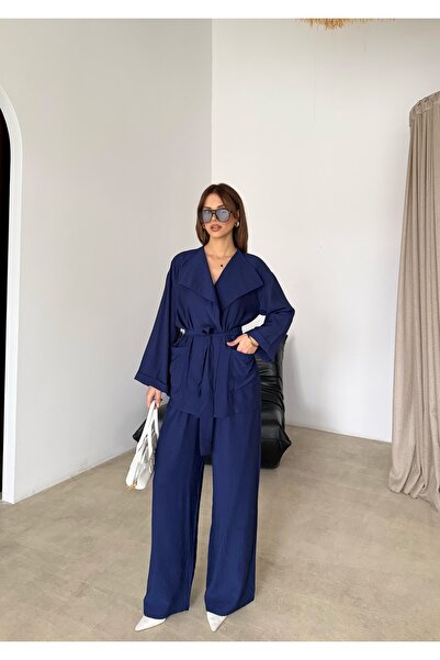MODAMERSİ Women's Navy Blue Oversize Double-Breasted Belted Top and Bottom Set