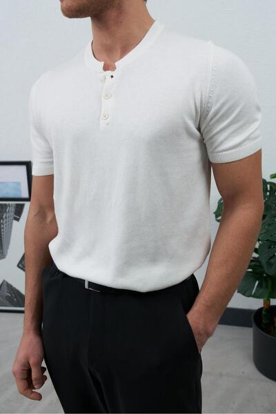 duo fideles Men's Half Button Crew Neck Regular Fit Knitwear Ecru T-Shirt