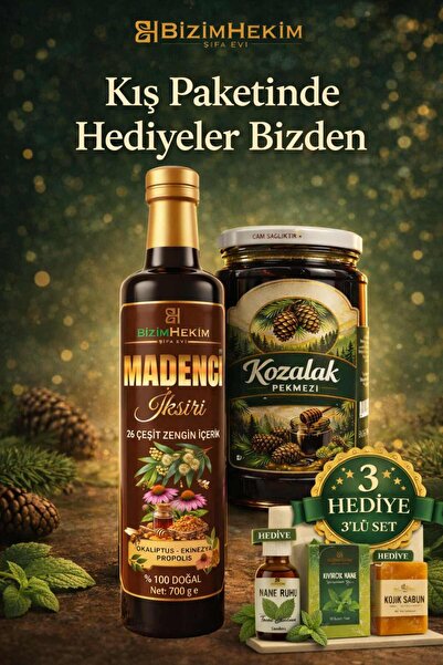 BİZİMHEKİM ŞİFA EVİ Kışa Doğal Destek Paketi Madenci İksiri & Kozalak Pekmezi...