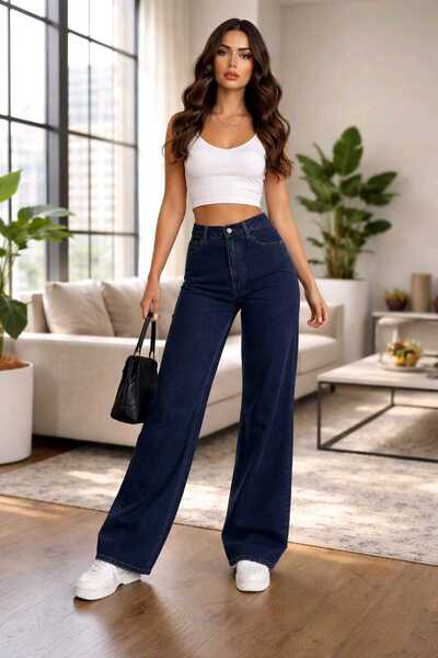 Trn JNS Harmon Lycra Loose Women's Navy Blue Super High Waist Loose Leg Denim...